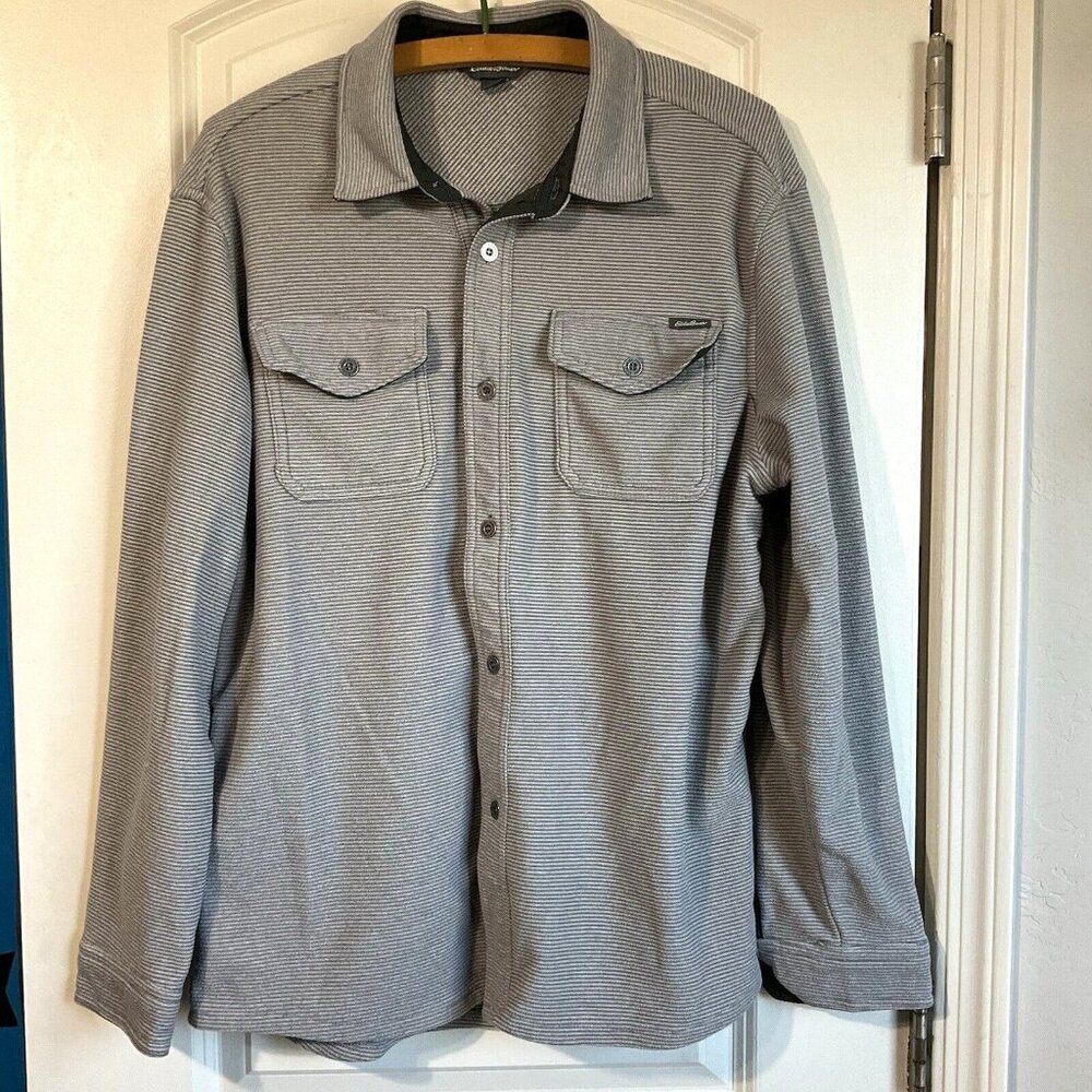 Eddie Bauer Shirt Mens Large Gray‎ Jacket Shacket Fleece Button Front Striped